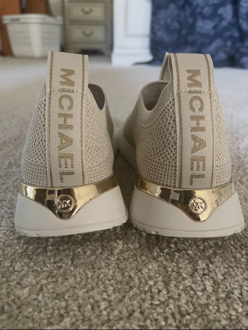 MICHAEL Michael Kors Cream Knit Slip-On Sneakers with Gold Trim